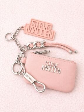 Steve Madden Blush Pink Mini Zip Pouch Keychain Charm Silver Tone